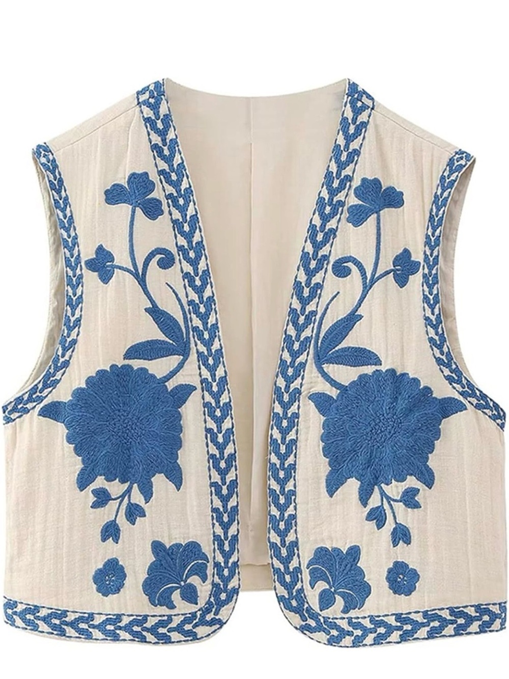 Embroidered Floral Cream Vest with Blue Accents